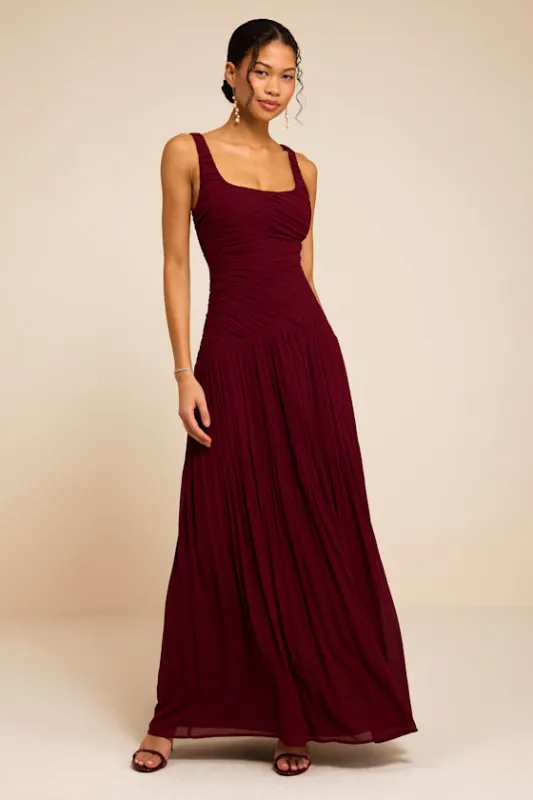 Rhonda Burgundy Pleated Drop Waist Maxi Dress made by Lulus