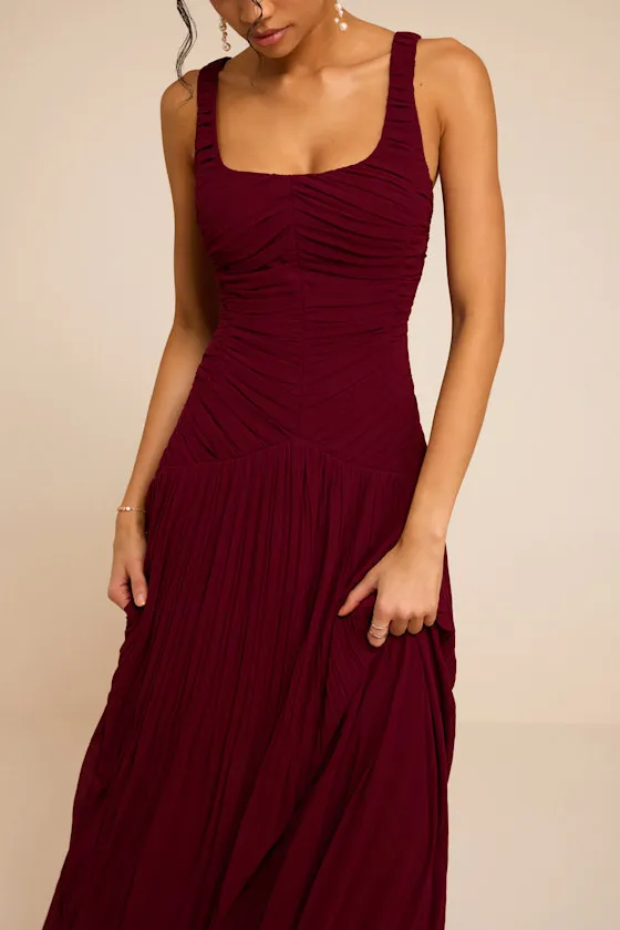 Rhonda Burgundy Pleated Drop Waist Maxi Dress sold by Lulus product image thumbnail 2