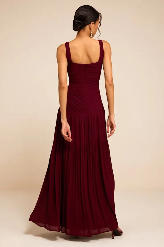 Rhonda Burgundy Pleated Drop Waist Maxi Dress sold by Lulus product image thumbnail 3