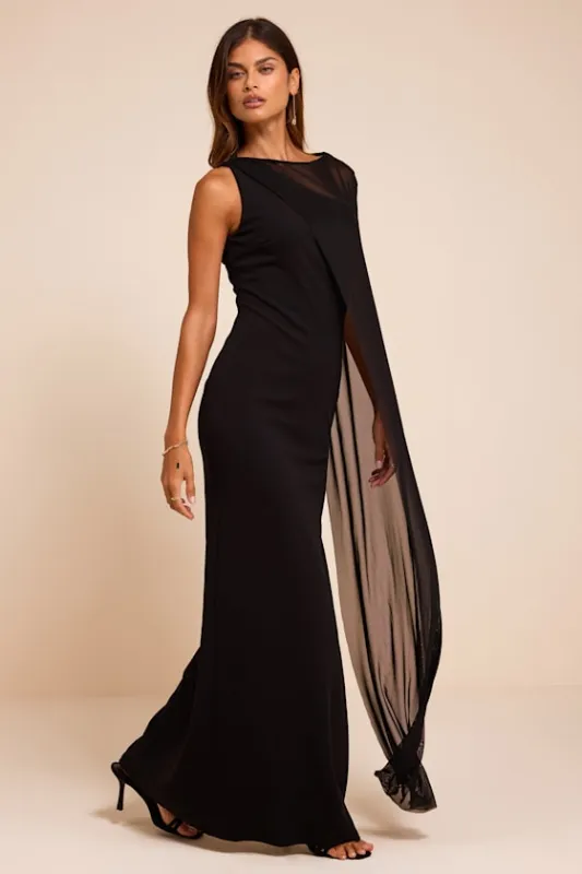 Stassi Black Asymmetrical Cape Maxi Dress made by Lulus