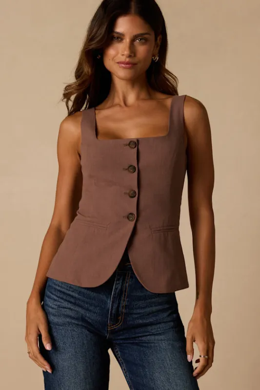 Poised Impulse Light Brown Sleeveless Button-Front Vest Top made by Lulus