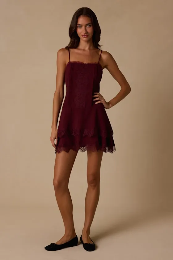 Sahima Wine Red Lace Tiered Mini Dress sold by Lulus product image thumbnail 3