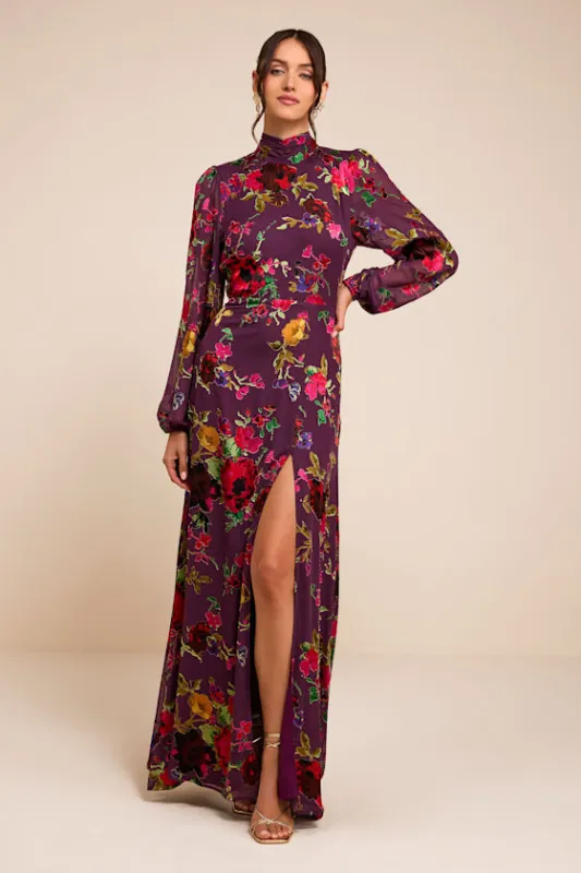 Graceful Arrival Plum Floral Burnout Backless Maxi Dress made by Lulus