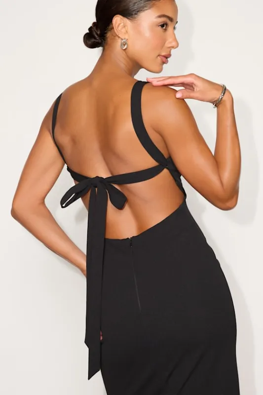 Samina Black Ponte Knit Tie-Back Midi Dress made by Lulus