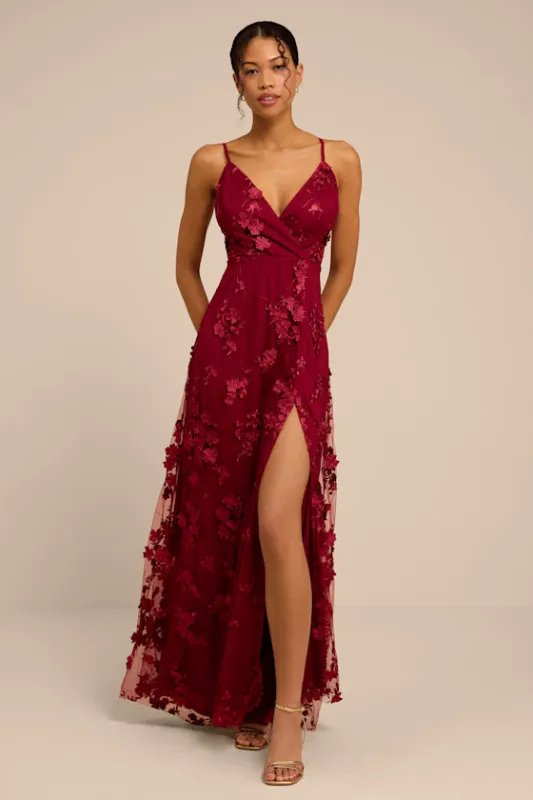 Rare Presence Burgundy 3D Floral Surplice Maxi Dress made by Lulus