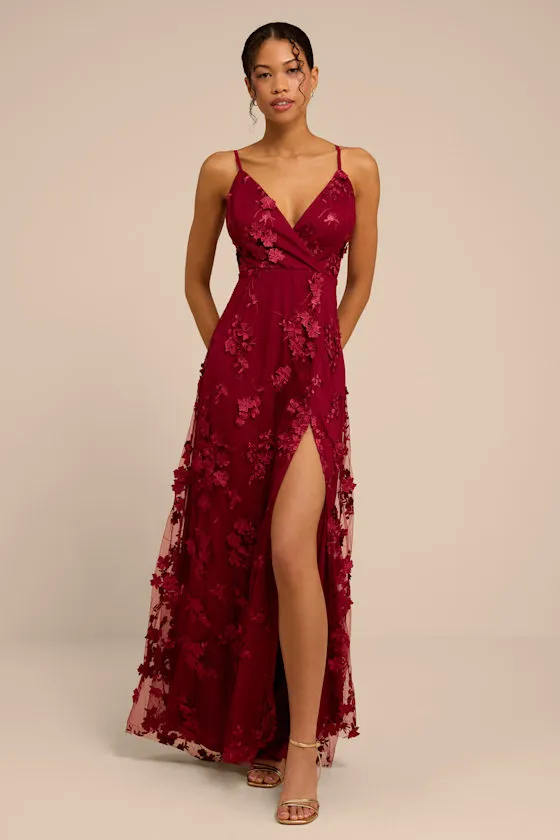 Rare Presence Burgundy 3D Floral Surplice Maxi Dress sold by Lulus