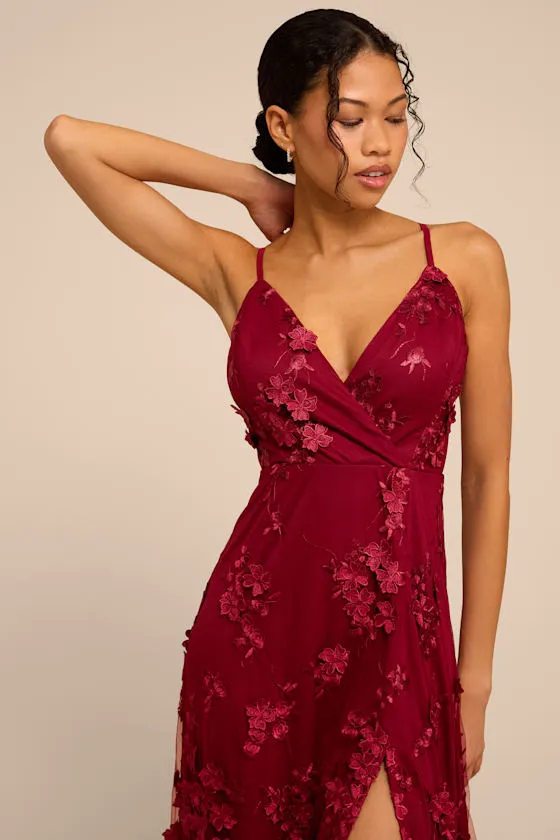 Rare Presence Burgundy 3D Floral Surplice Maxi Dress sold by Lulus product image thumbnail 2