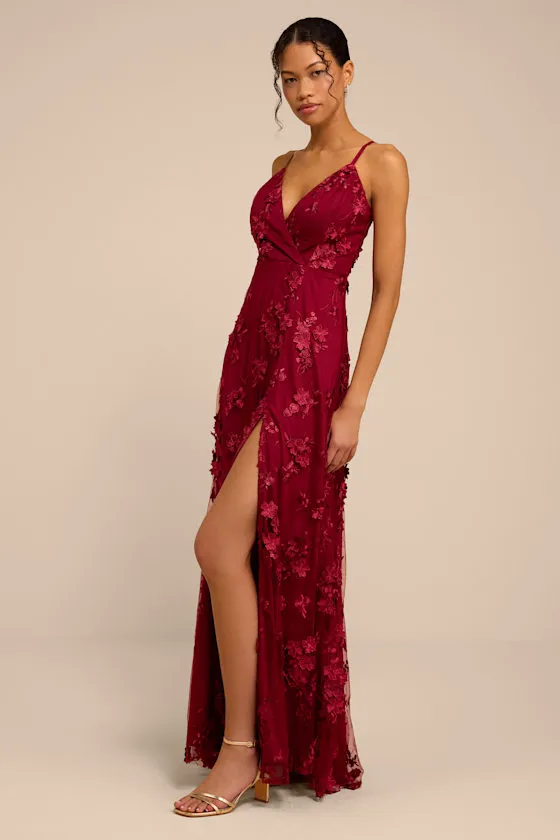 Rare Presence Burgundy 3D Floral Surplice Maxi Dress sold by Lulus product image thumbnail 4