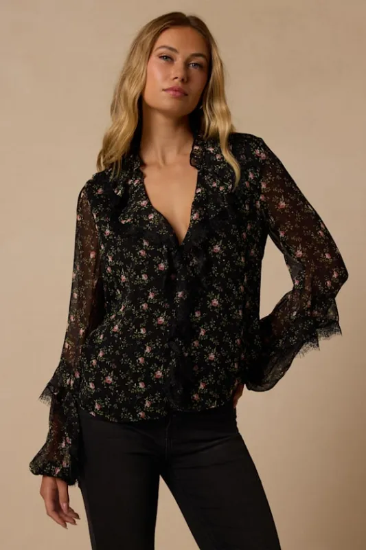 Jess Black Floral Ruffled Lace Long Sleeve Top made by Lulus
