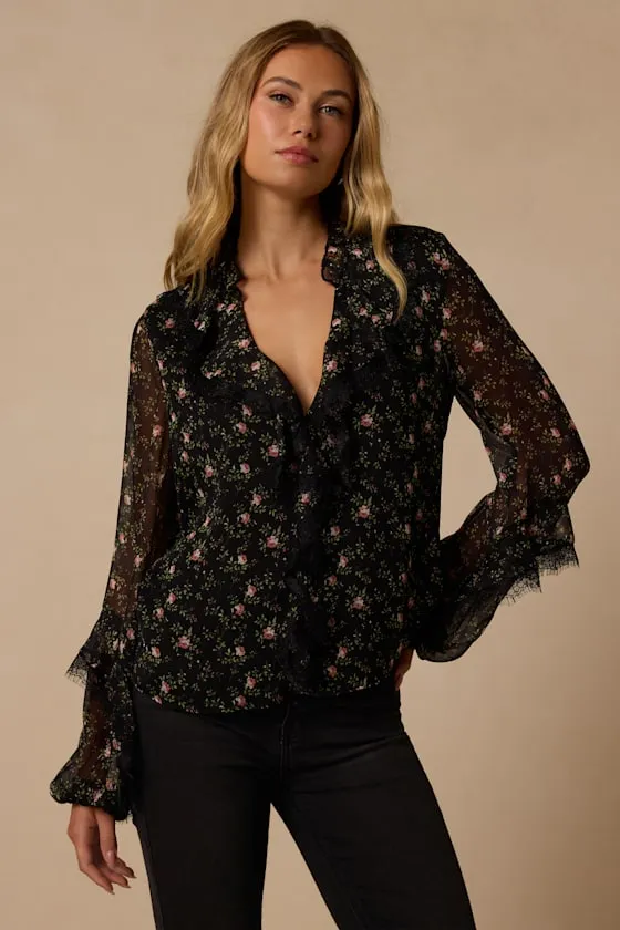 Jess Black Floral Ruffled Lace Long Sleeve Top sold by Lulus