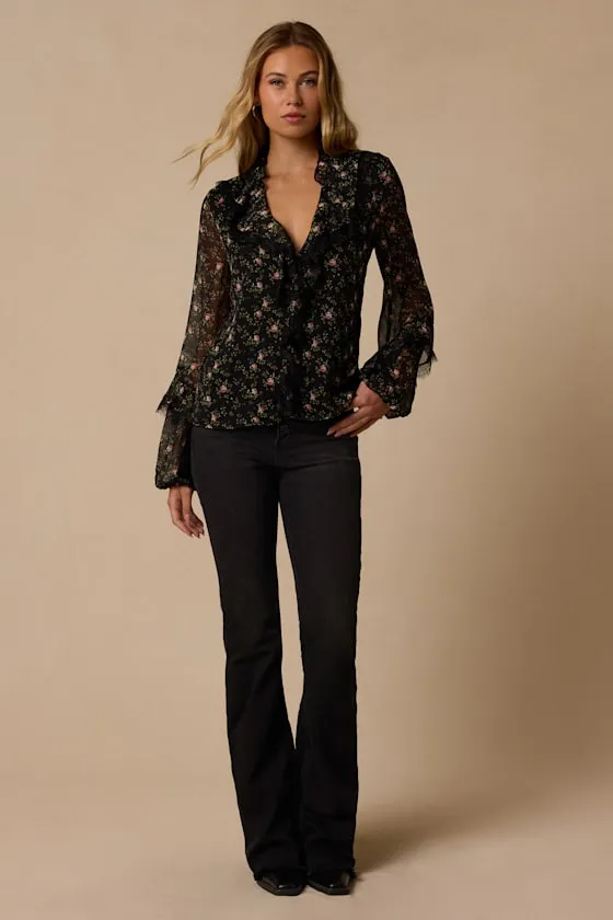 Jess Black Floral Ruffled Lace Long Sleeve Top sold by Lulus product image thumbnail 4