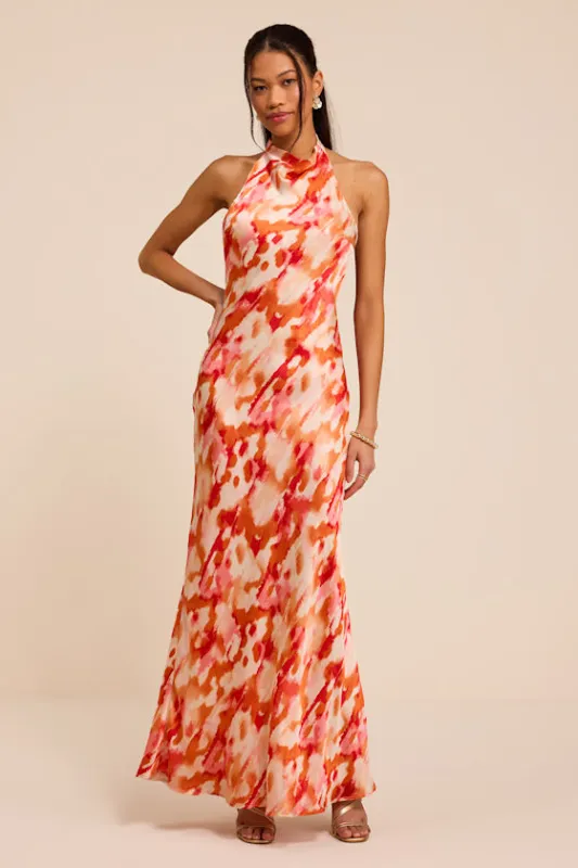 Liliyana Orange Multi Print Satin Maxi Dress made by Lulus