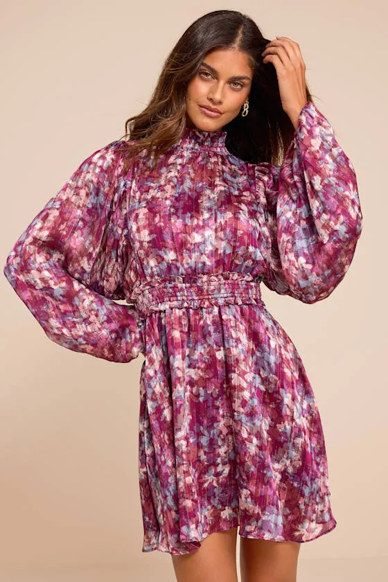 Andie Magenta Multi Abstract Floral Mock Neck Mini Dress sold by Lulus