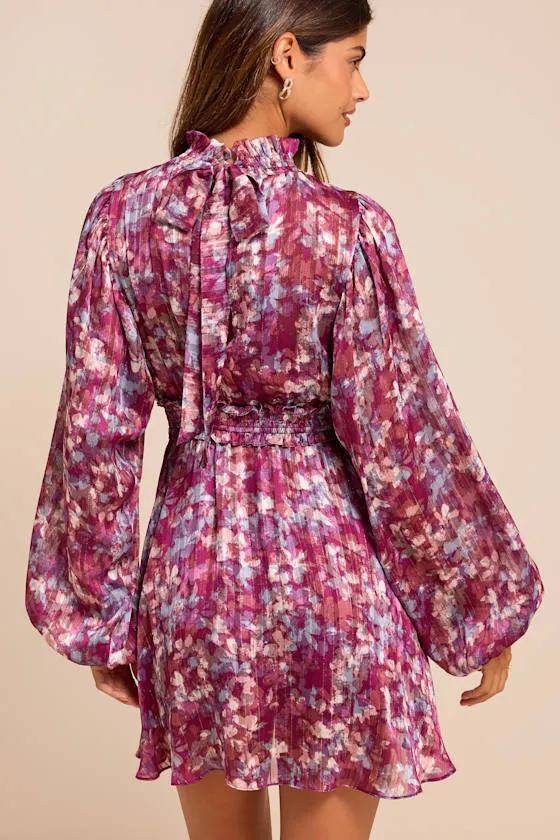 Andie Magenta Multi Abstract Floral Mock Neck Mini Dress sold by Lulus product image thumbnail 2
