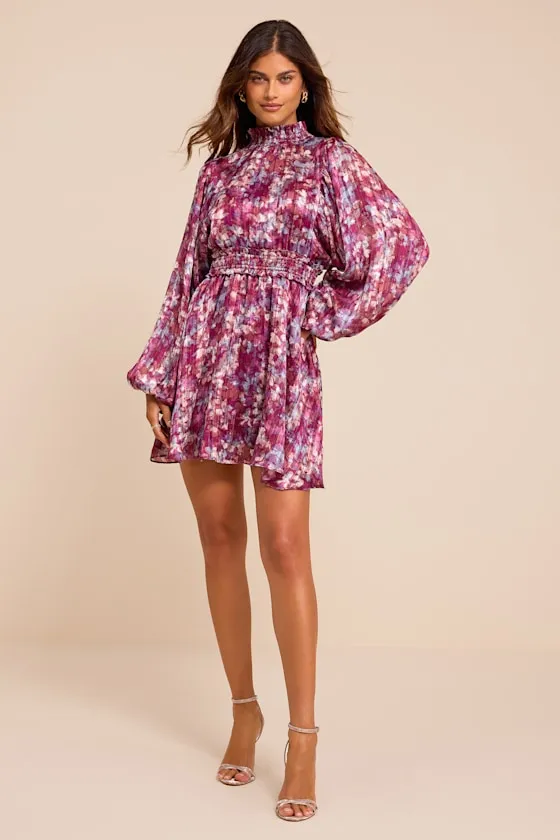 Andie Magenta Multi Abstract Floral Mock Neck Mini Dress sold by Lulus product image thumbnail 3
