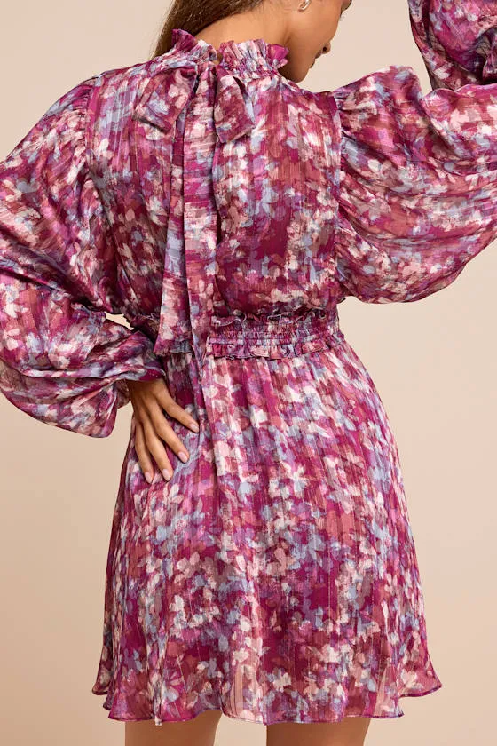 Andie Magenta Multi Abstract Floral Mock Neck Mini Dress sold by Lulus product image thumbnail 4