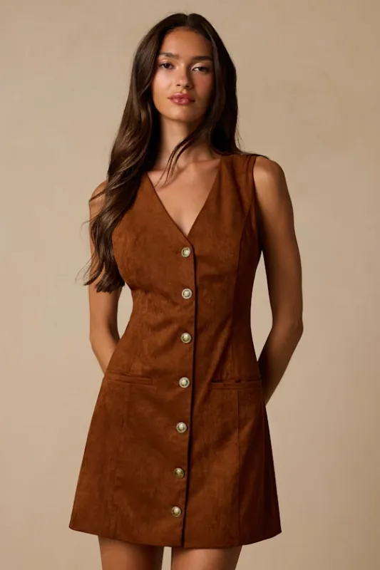 Danny Rust Brown Suede Button-Front Mini Dress made by Lulus