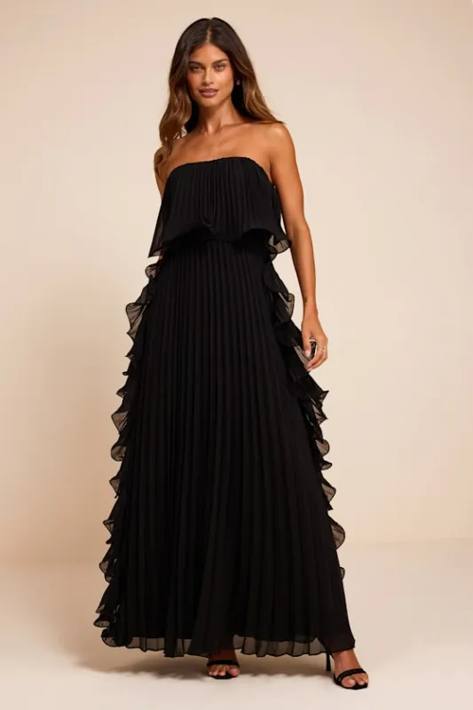 Andri Black Pleated Ruffled Maxi Dress made by Lulus
