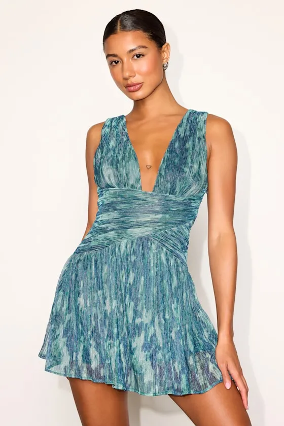Evaluna Green Abstract Print Pleated Mini Dress sold by Lulus