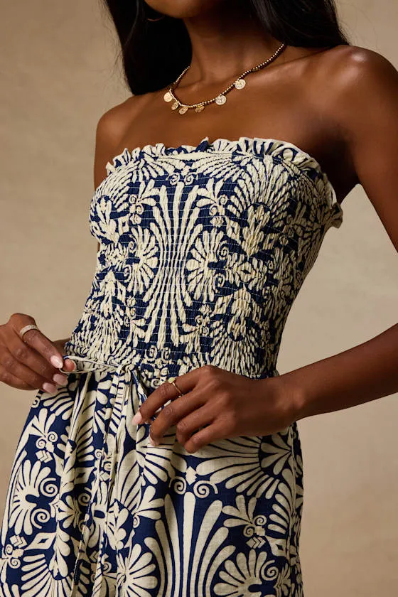 Indie Navy Boho Print Smocked Romper sold by Lulus product image thumbnail 4