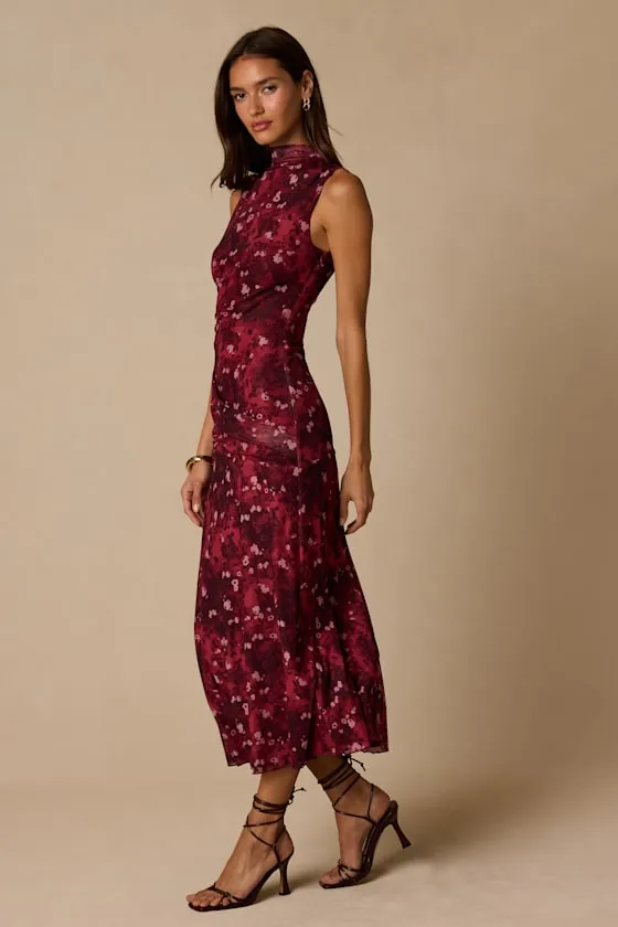 Neeka Burgundy Floral Sleeveless Midi Dress sold by Lulus product image thumbnail 4