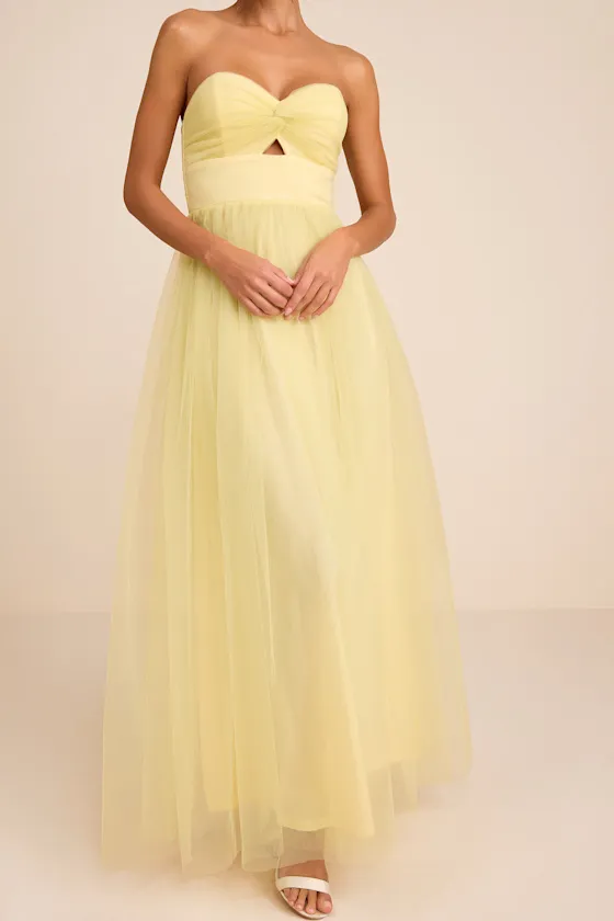 Sapphira Pale Yellow Tulle Strapless Cutout Maxi Dress sold by Lulus product image thumbnail 2