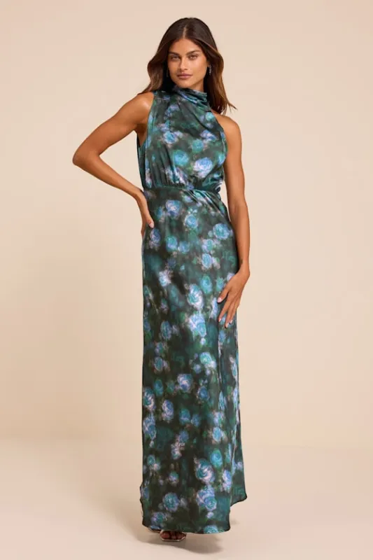 Distinctive Charm Blue Floral Satin Asymmetrical Maxi Dress made by Lulus