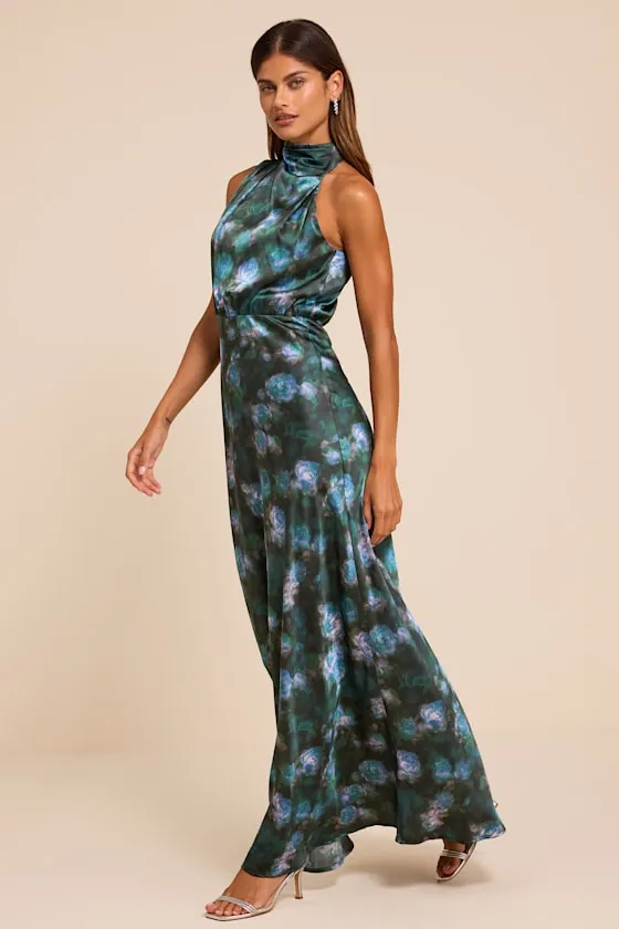 Distinctive Charm Blue Floral Satin Asymmetrical Maxi Dress sold by Lulus product image thumbnail 4