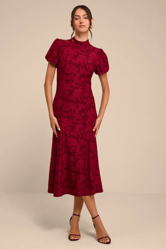Jacquelyn Wine Red Floral Jacquard Cutout Midi Dress made by Lulus