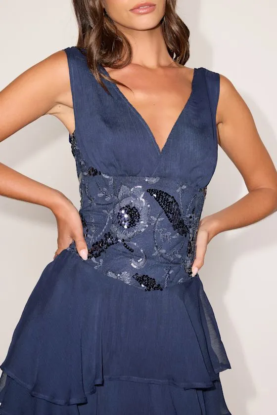 Rianne Navy Blue Sequin Lace-Up Mini Dress sold by Lulus product image thumbnail 4