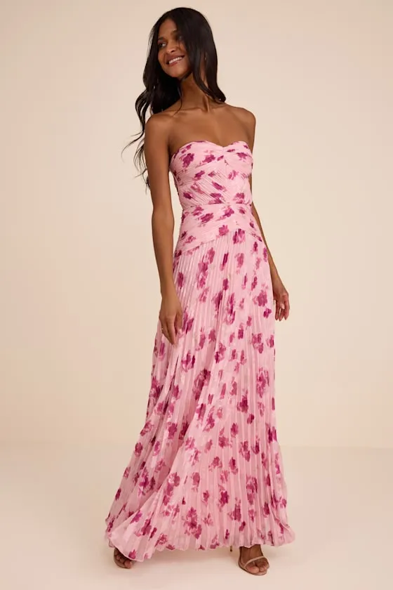 Elkay Light Pink Floral Pleated Drop Waist Maxi Dress sold by Lulus