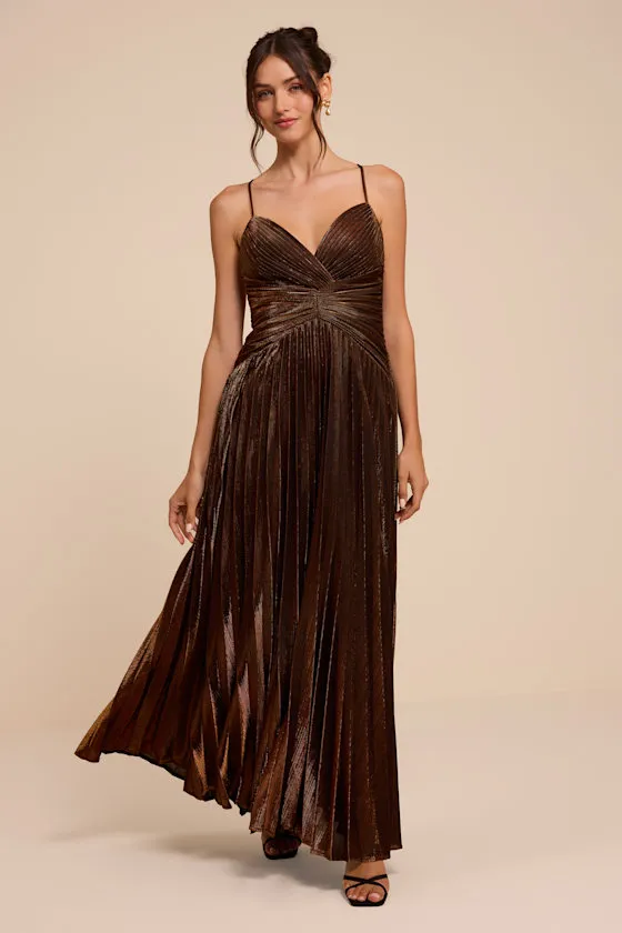 Corella Brown Lurex Pleated Maxi Dress sold by Lulus product image thumbnail 3