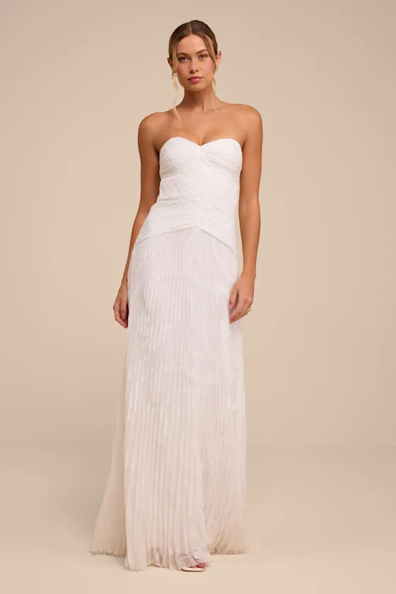 Quinn White Pleated Drop Waist Wedding Dress sold by Lulus