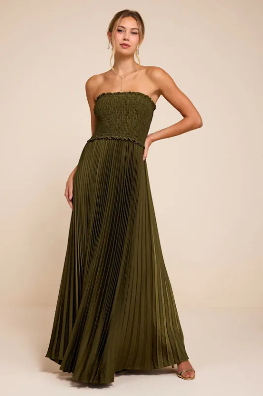 Damira Olive Satin Pleated Strapless Maxi Dress made by Lulus