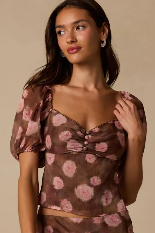 Neva Brown Floral Puff Sleeve Top made by Lulus
