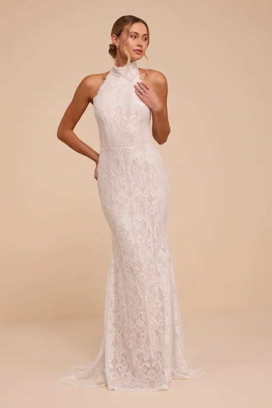 Zinnia White and Beige Lace Mock Neck Wedding Dress sold by Lulus