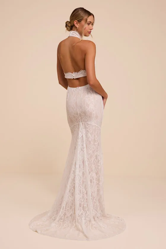 Zinnia White and Beige Lace Mock Neck Wedding Dress sold by Lulus product image thumbnail 3