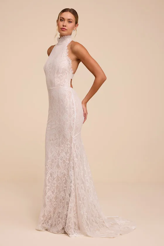 Zinnia White and Beige Lace Mock Neck Wedding Dress sold by Lulus product image thumbnail 4