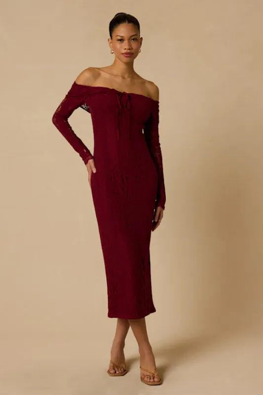 Jezzy Berry Red Lace Long Sleeve Midi Dress made by Lulus