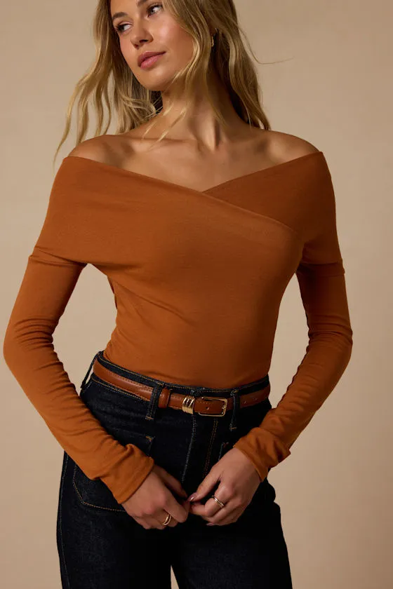 Designated Cutie Light Brown Long Sleeve Surplice Top sold by Lulus