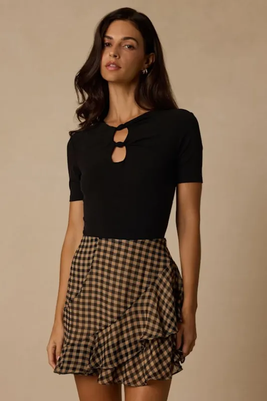 Noelle Tan and Black Gingham Ruffled Mini Skirt made by Lulus