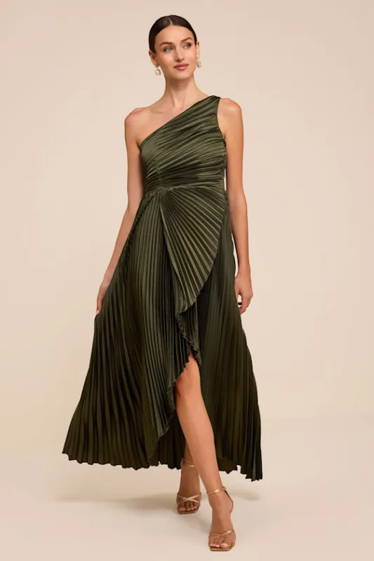 Adaya Olive Satin Pleated One-Shoulder Maxi Dress made by Lulus