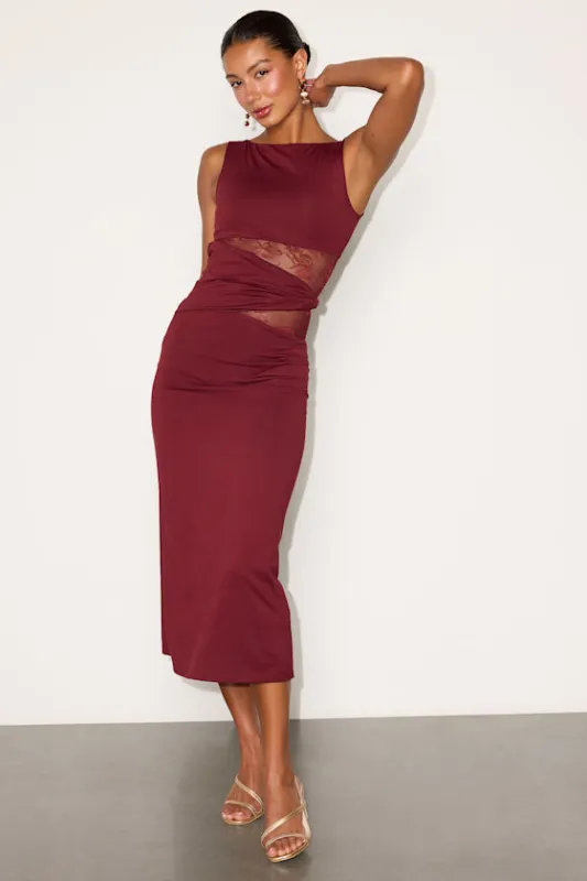 Klea Burgundy Lace Cutout Column Midi Dress made by Lulus