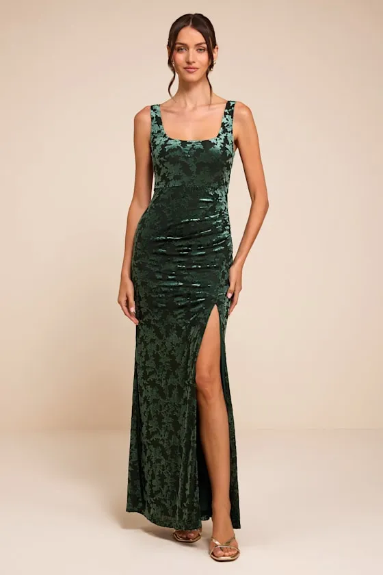 Miraya Hunter Green Burnout Velvet Maxi Dress sold by Lulus