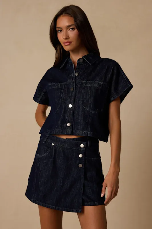 Lele Dark Wash Wrap Denim Skort made by Lulus