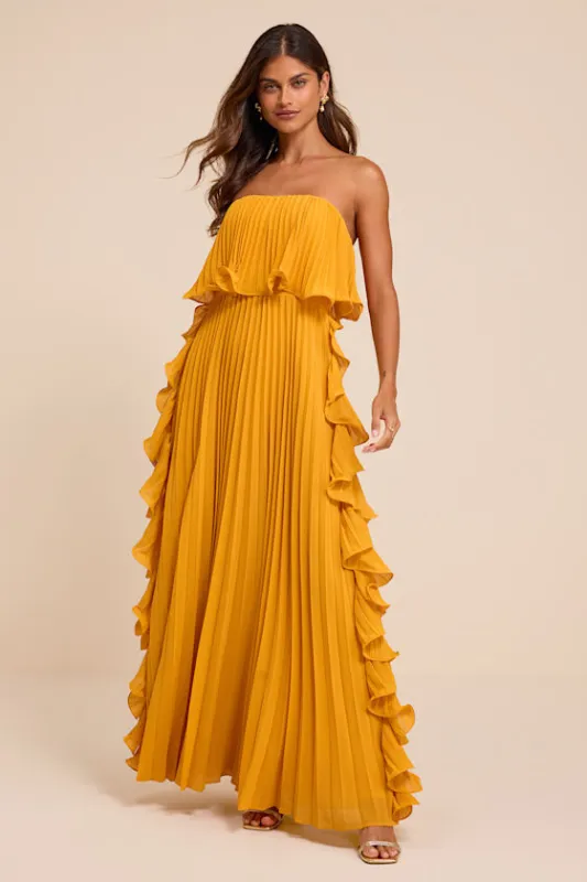 Andri Marigold Yellow Pleated Ruffled Maxi Dress made by Lulus