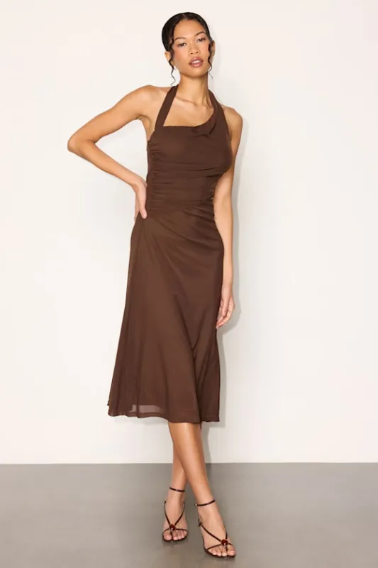 Franny Brown Mesh Asymmetrical Midi Dress made by Lulus