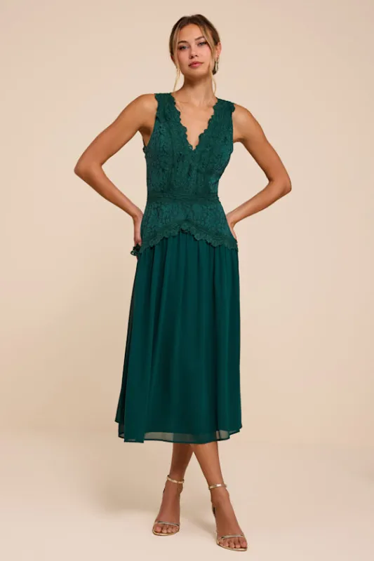 Zooey Emerald Green Lace Backless Midi Dress made by Lulus