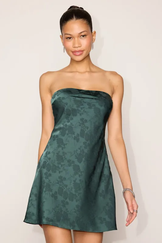 Kemper Dark Green Satin Jacquard Strapless Dress made by Lulus