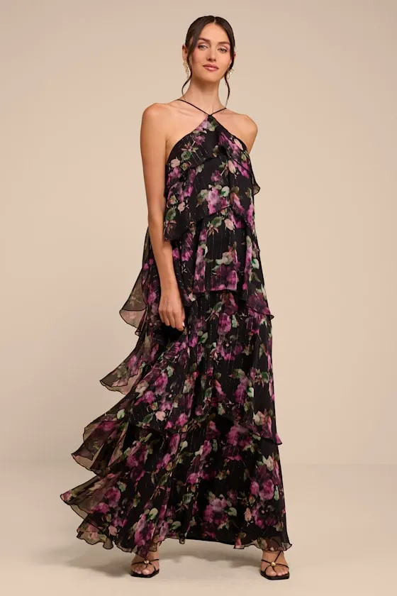 Avamarie Black Floral Tiered Halter Maxi Dress sold by Lulus